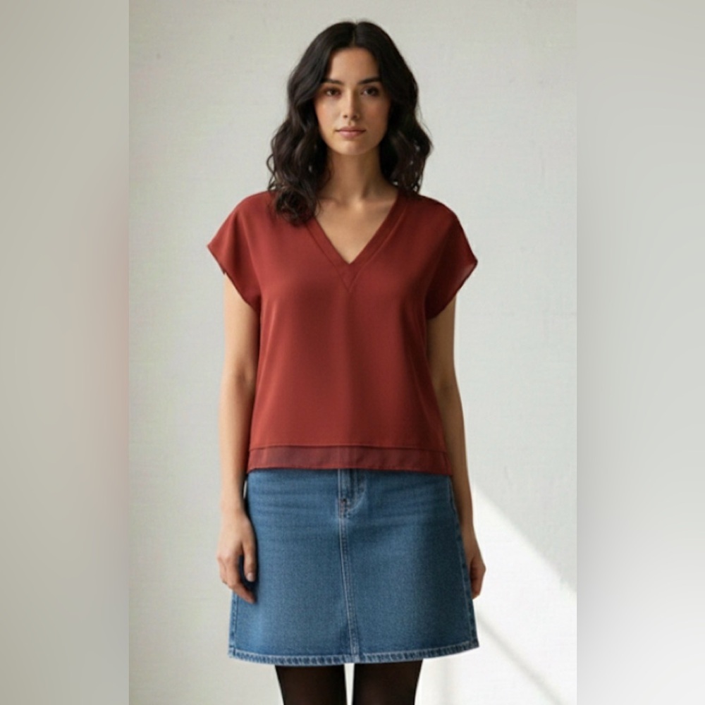 DKNY fire-red/orange sleeveless double V-neck blouse, sheer hemline, NWT, Small